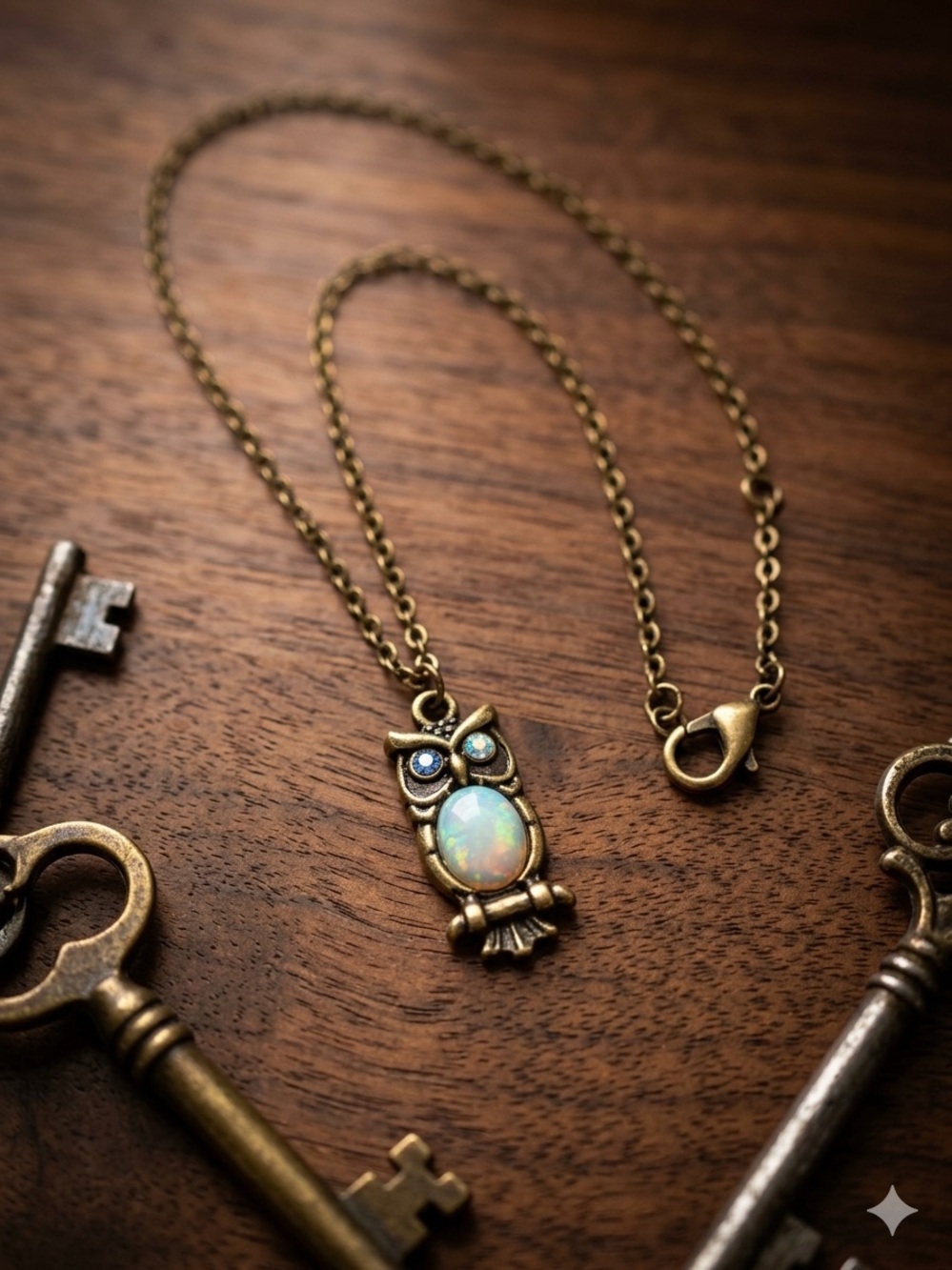 Hand Crafted Gold Owl Necklace with Opalescent Center - Picture 3 of 4